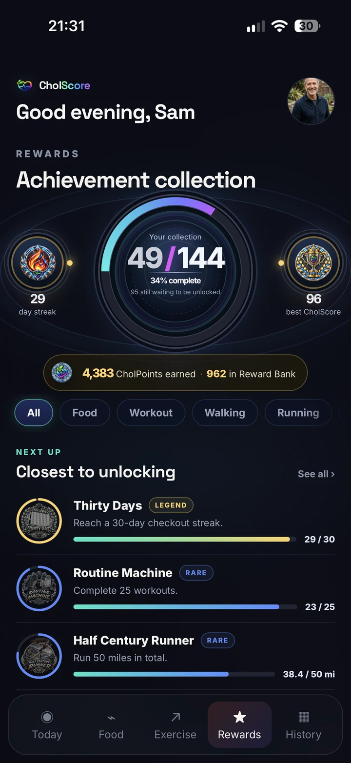 Achievement collection showing 49 of 144 unlocked and the Reward Bank
