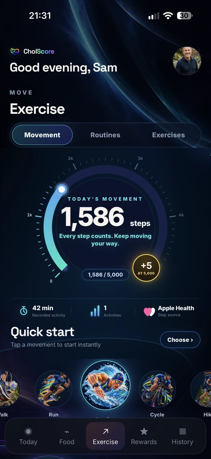 Movement screen showing today’s steps from Apple Health and +5 at 5,000
